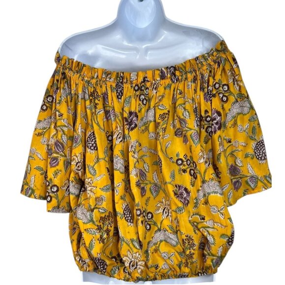 Floral Block Print Blouse Off Shoulder peasant Boho Yellow M/L - Picture 6 of 7